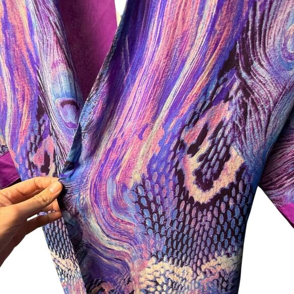 Purple Peacock Feather Print Kimono Robe Satin Trim Boho Lounge Duster One Size - Picture 4 of 6